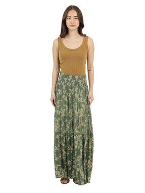Angie Olive Floral Maxi Skirt | Smocked Waist | A‑Line | 100% Rayon